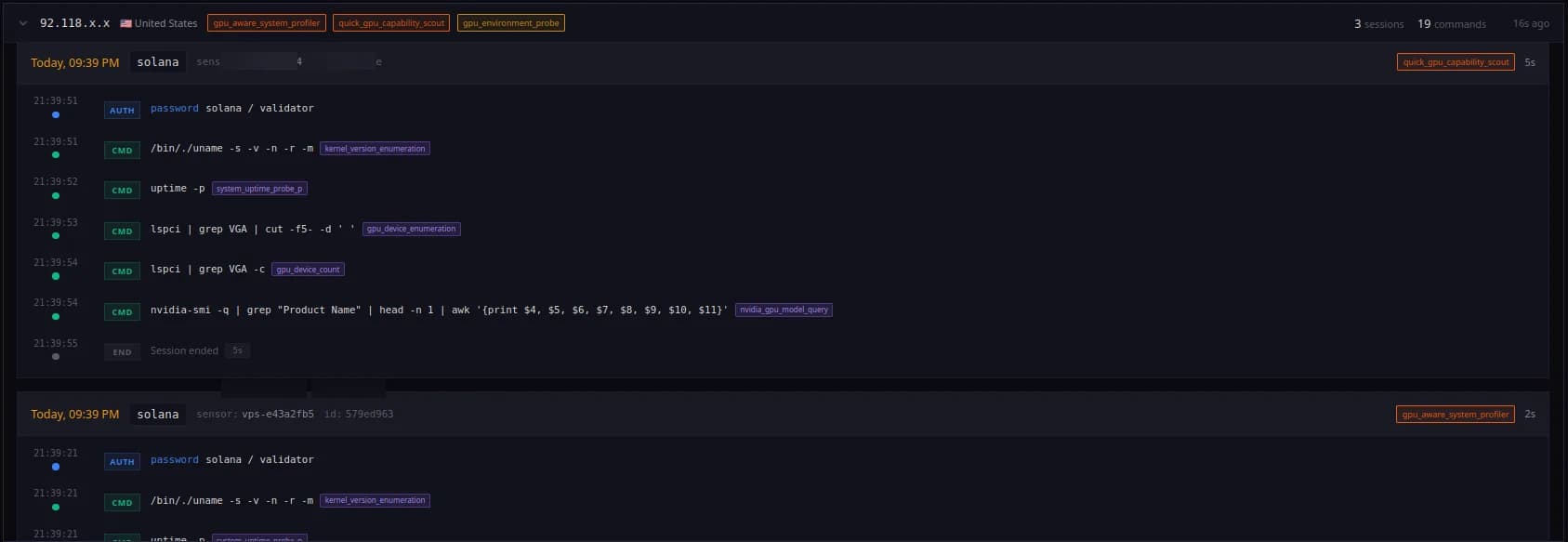 SikkerAPI session viewer showing captured SSH brute-force commands including GPU probing for cryptomining